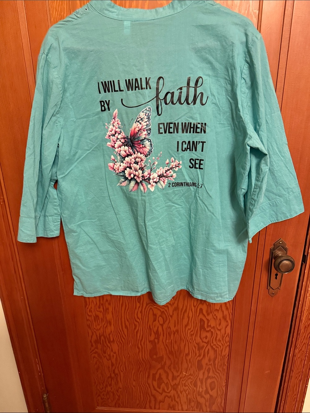 Chico's Turquoise Graphic Faith Tee with Pink Butterfly